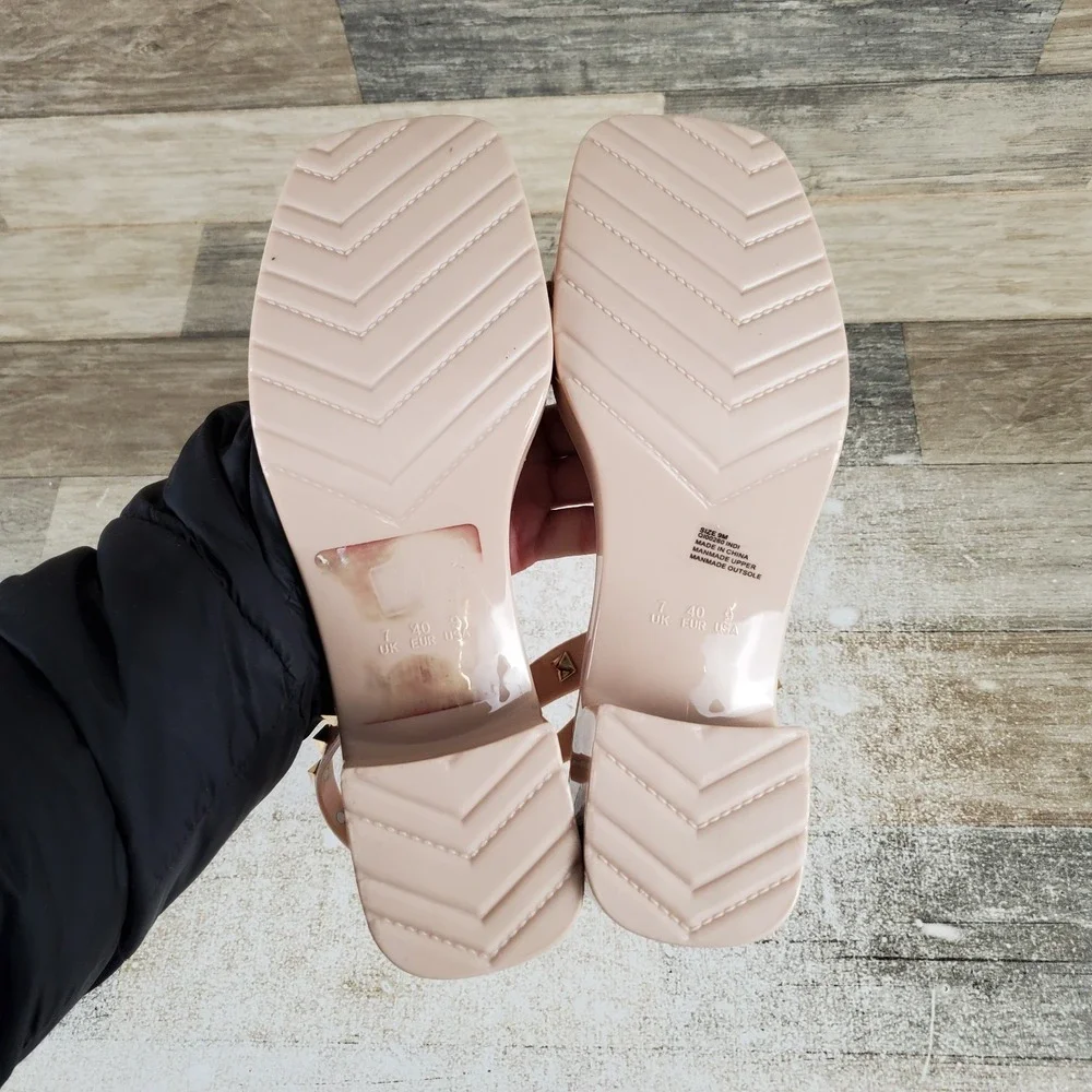 MIA Indi‎ Jelly Womens Sandals Sz 9 M Natural Ankle Strap Square Toe Block Heel